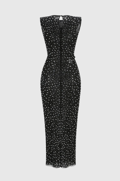 Teryl Rhinestone Embellished Cutout Mesh Maxi Dress