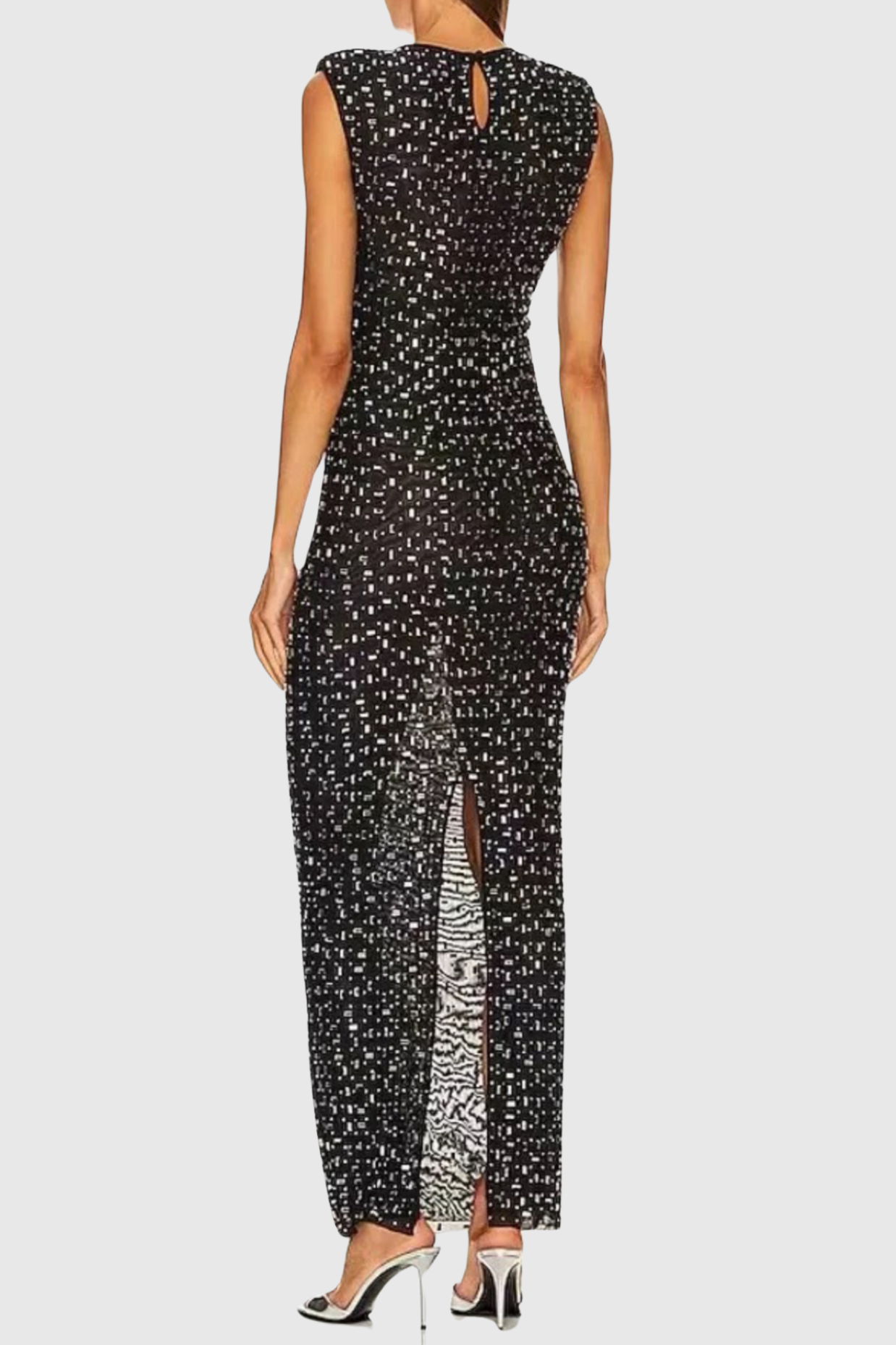 Teryl Rhinestone Embellished Cutout Mesh Maxi Dress