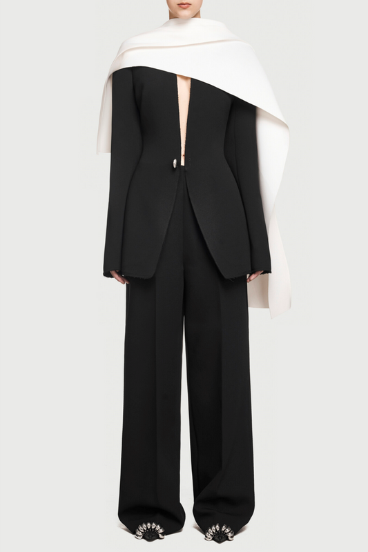 Tyanne Asymmetrical Shoulder Pleat Blazer Two Piece Set - Black