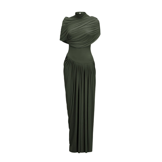 Catherine asymmetric pleated maxi dress in Green