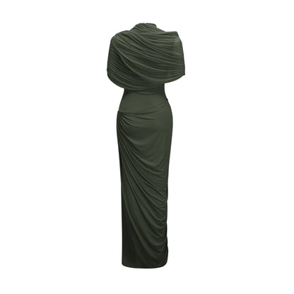 Catherine asymmetric pleated maxi dress in Green