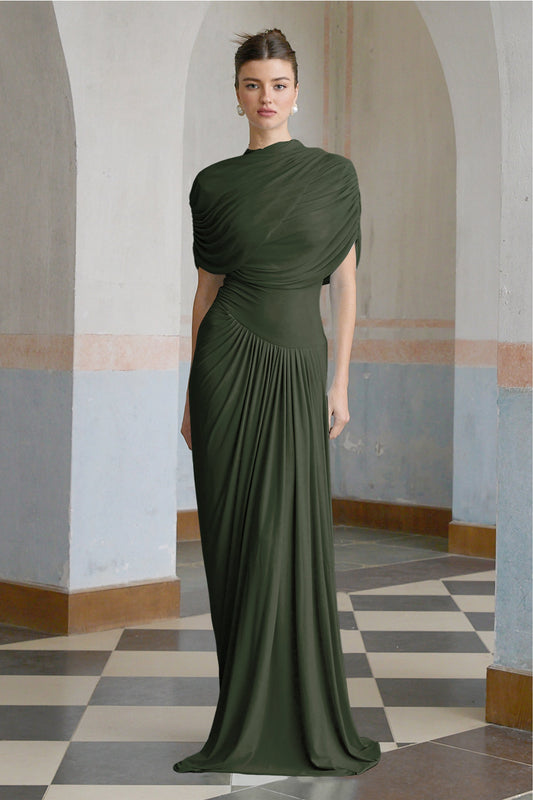 Catherine asymmetric pleated maxi dress in Green