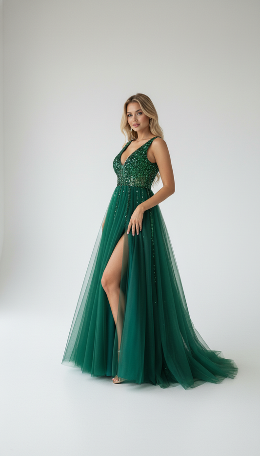 Elowen Emerald Sequin Tulle Maxi Gown