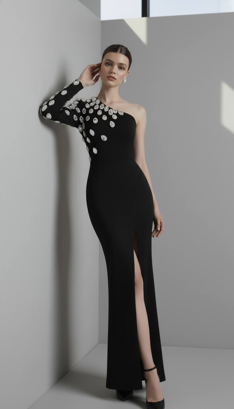 Fashion Women Celebrity Sexy Single Sleeve Rhinestone Black Maxi Long Bodycon