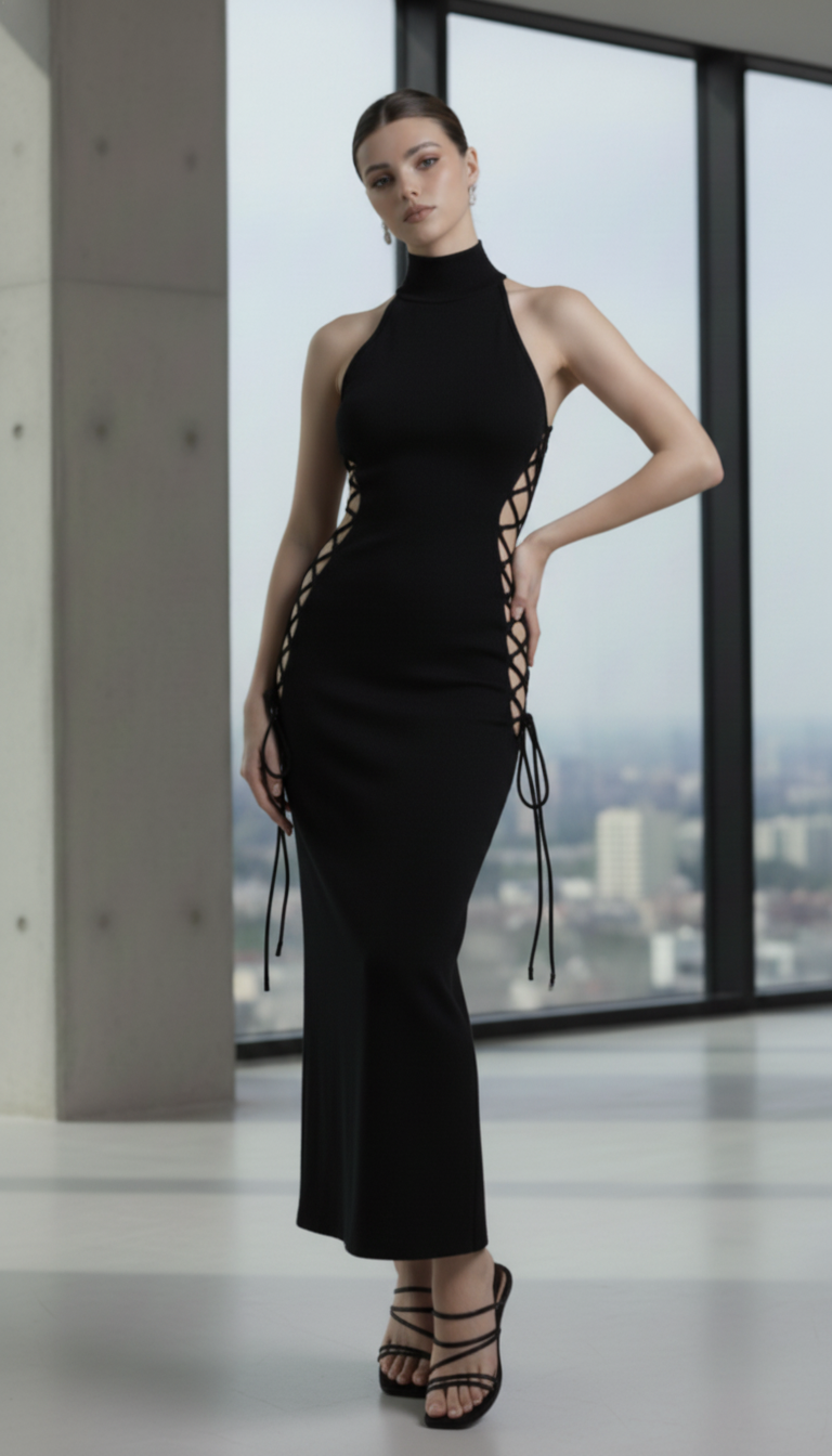Slim Midi Dress Black Grunge Style Alt Partywear