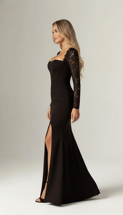 Elegant Black Corset-Style High Slit Evening Gown with Lace Sleeves