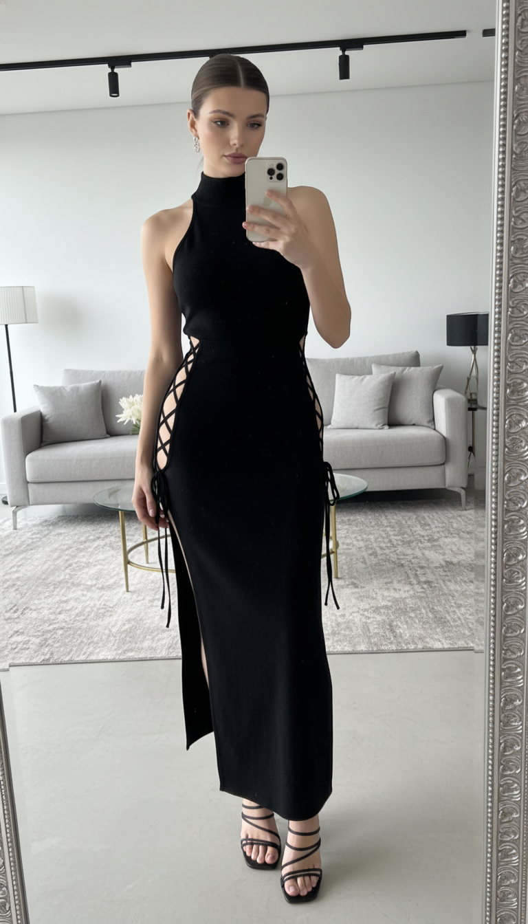 Slim Midi Dress Black Grunge Style Alt Partywear