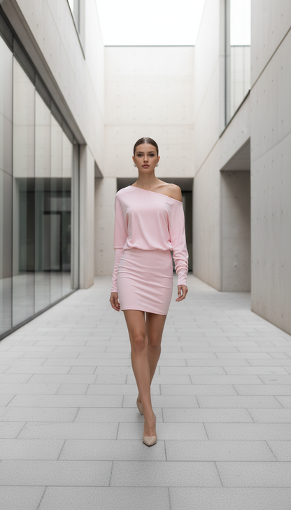 Woman Clothes Diagonal Collar Long Sleeve Package Hip Short Dress