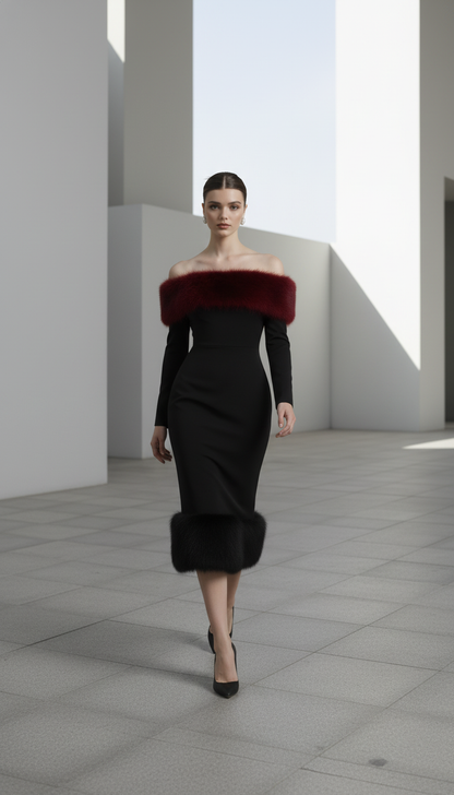 Solid Faux Fur Patchwork Strapless Maxi Dress Women Elegant Full Sleeve Off