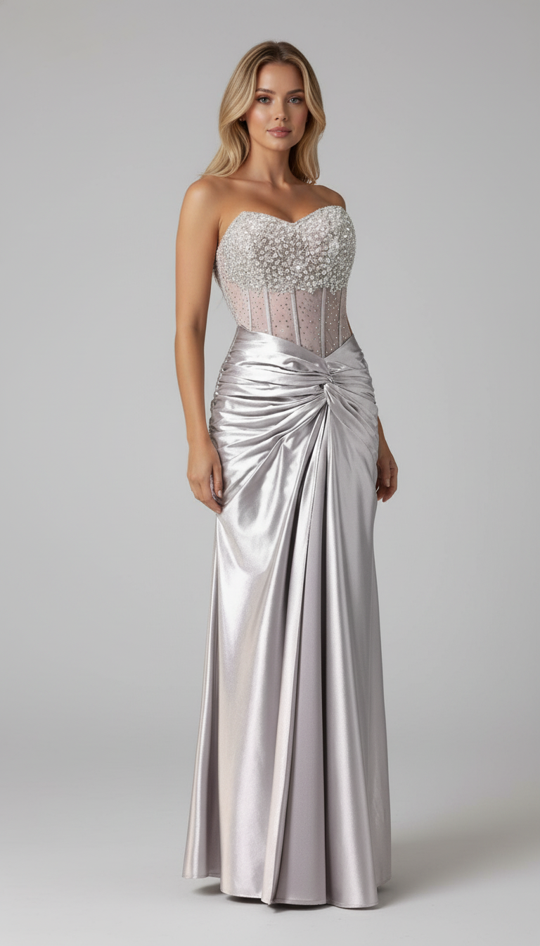 Luxurious Silver Beaded Corset Satin High-Slit Evening Gown