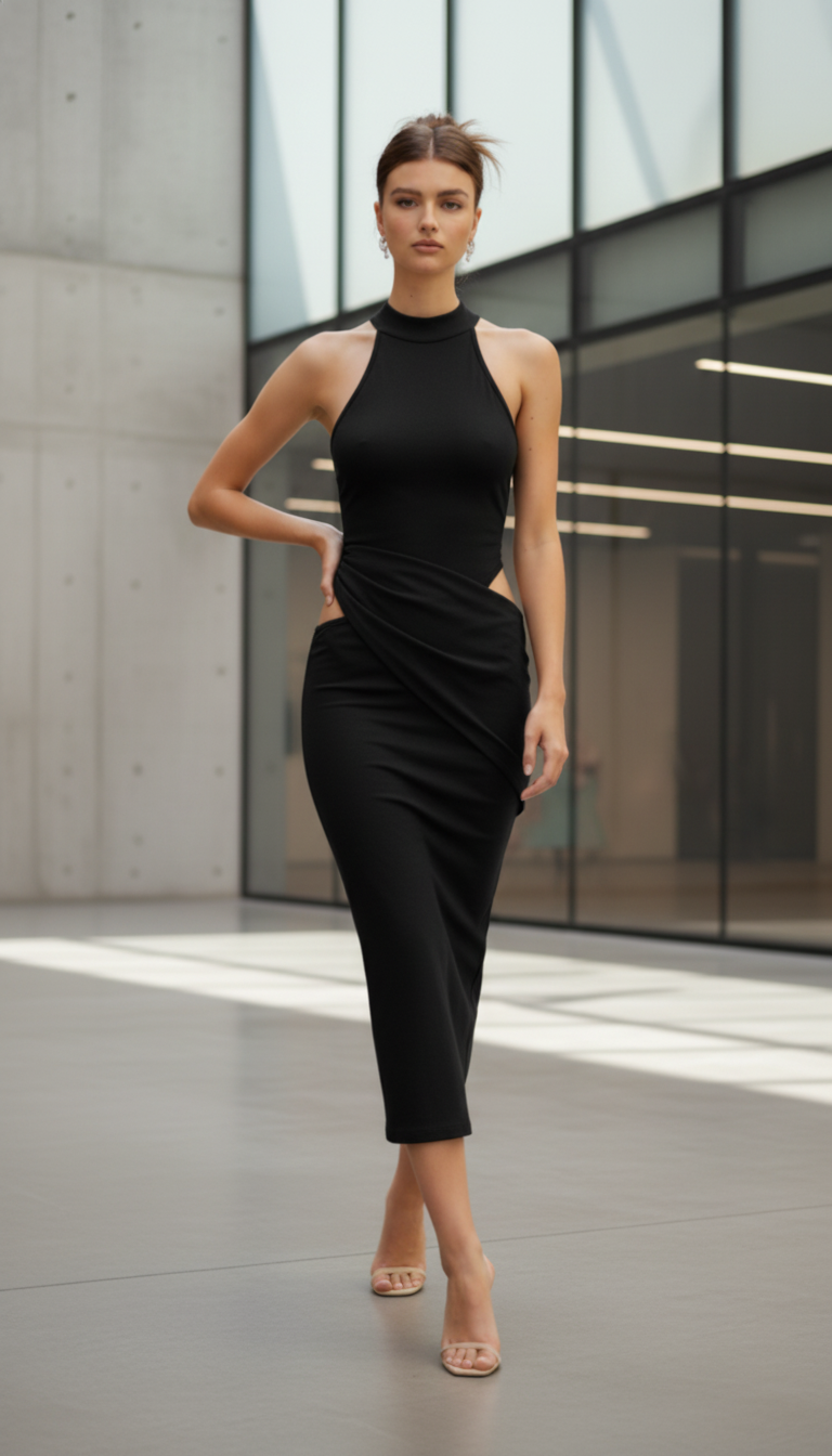 JULISSA MO Satin Sexy Hollow Out Women Maxi Dress Black Sleeved