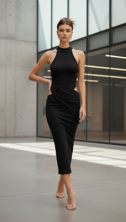 JULISSA MO Satin Sexy Hollow Out Women Maxi Dress Black Sleeved