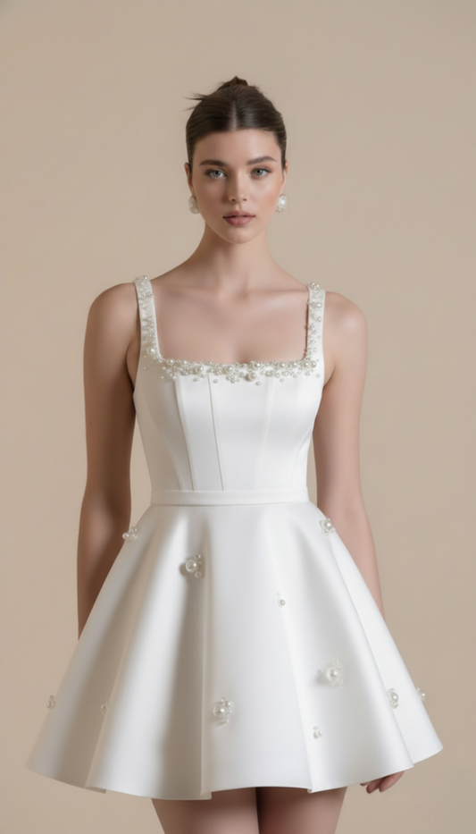 Pearl-Embellished Backless Mini Dress