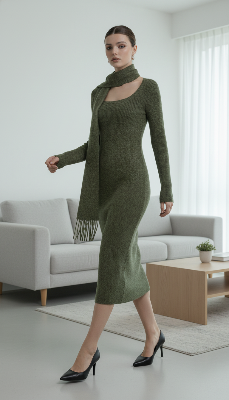 Vintage Knitted Midi Dress Y2K Autumn Slim with Scarf Long Sleeve Dress