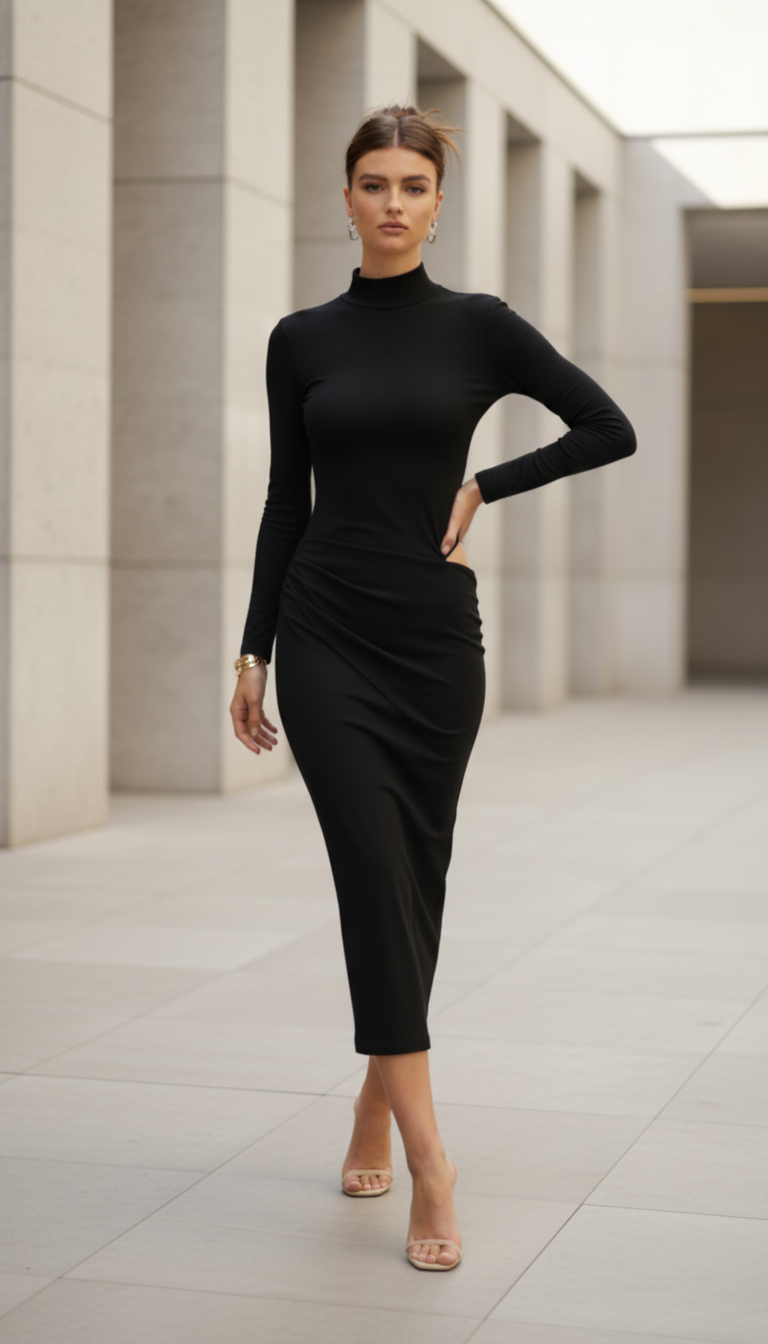 JULISSA MO Satin Sexy Hollow Out Women Maxi Dress Black Sleeved