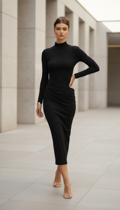 JULISSA MO Satin Sexy Hollow Out Women Maxi Dress Black Sleeved