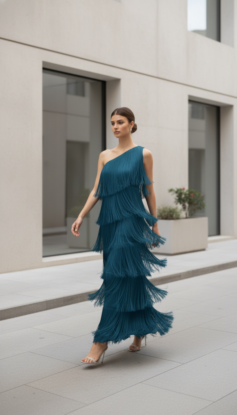 New Fashion Fringed Slanted Shoulder Asymmetrical Dress for Women