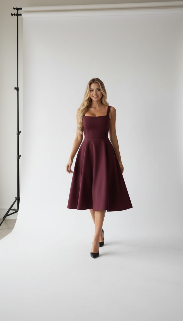 Melanie Square Neck A-Line Midi Dress – Burgundy