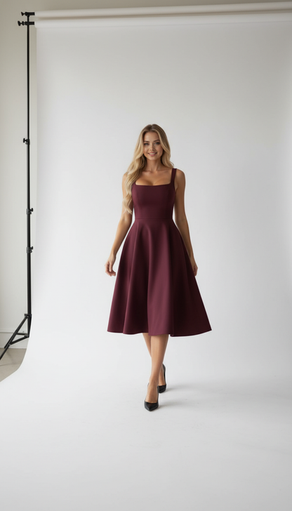Melanie Square Neck A-Line Midi Dress – Burgundy