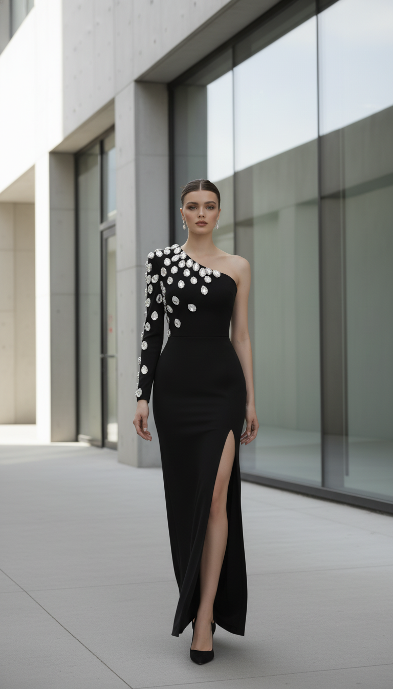 Fashion Women Celebrity Sexy Single Sleeve Rhinestone Black Maxi Long Bodycon