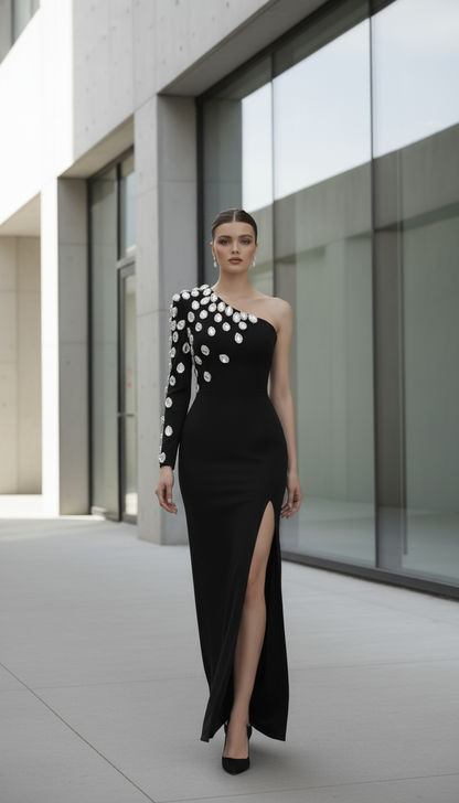 Fashion Women Celebrity Sexy Single Sleeve Rhinestone Black Maxi Long Bodycon