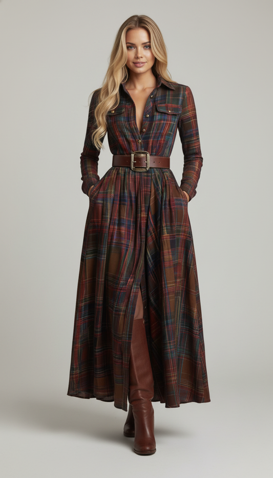 Retro Ethnic Style Lapel Reddish Brown Plaid Maxi Dress