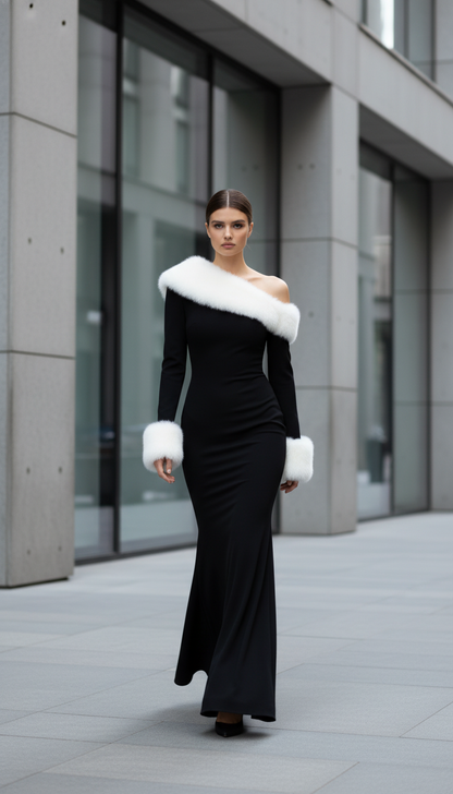 Sexy Women Faux Fur Long Sleeve Black Night Club Evening Party Dress 2025