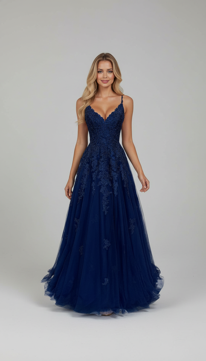 Romantic Navy Blue Lace Applique Tulle A-Line Prom Dress