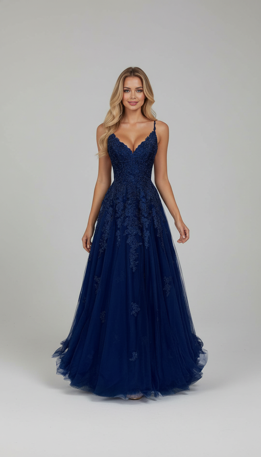 Romantic Navy Blue Lace Applique Tulle A-Line Prom Dress