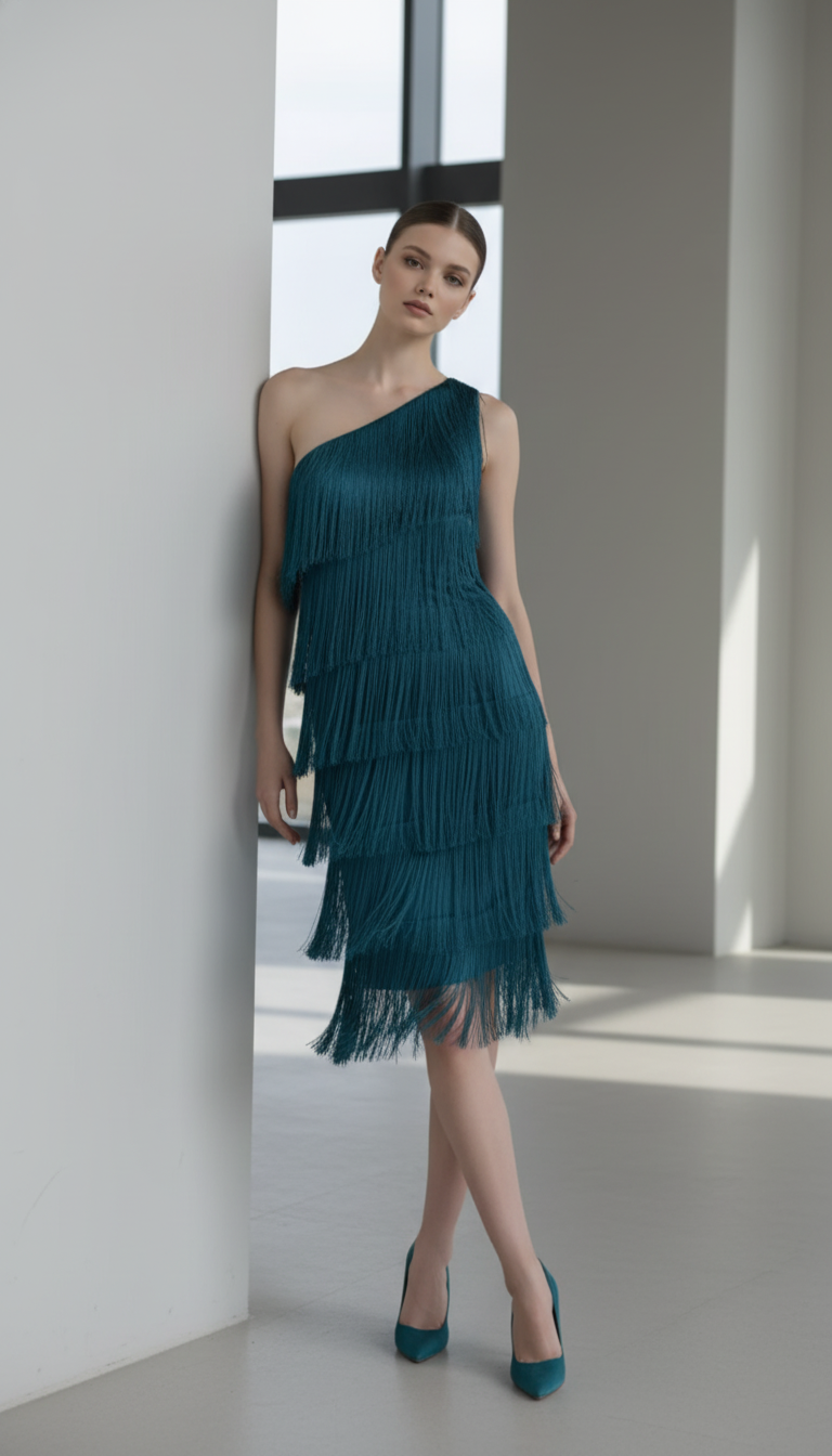 New Fashion Fringed Slanted Shoulder Asymmetrical Dress for Women