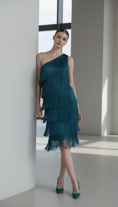 New Fashion Fringed Slanted Shoulder Asymmetrical Dress for Women