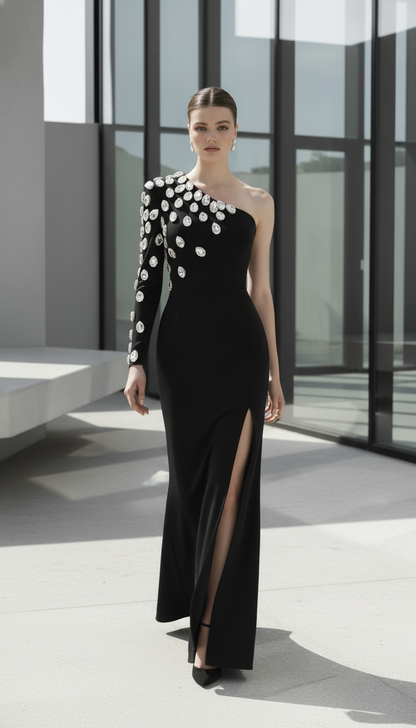 Fashion Women Celebrity Sexy Single Sleeve Rhinestone Black Maxi Long Bodycon