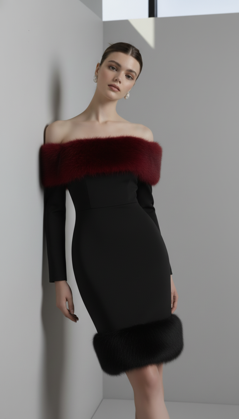 Solid Faux Fur Patchwork Strapless Maxi Dress Women Elegant Full Sleeve Off