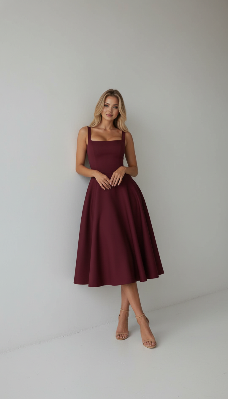 Melanie Square Neck A-Line Midi Dress – Burgundy