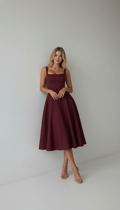 Melanie Square Neck A-Line Midi Dress – Burgundy