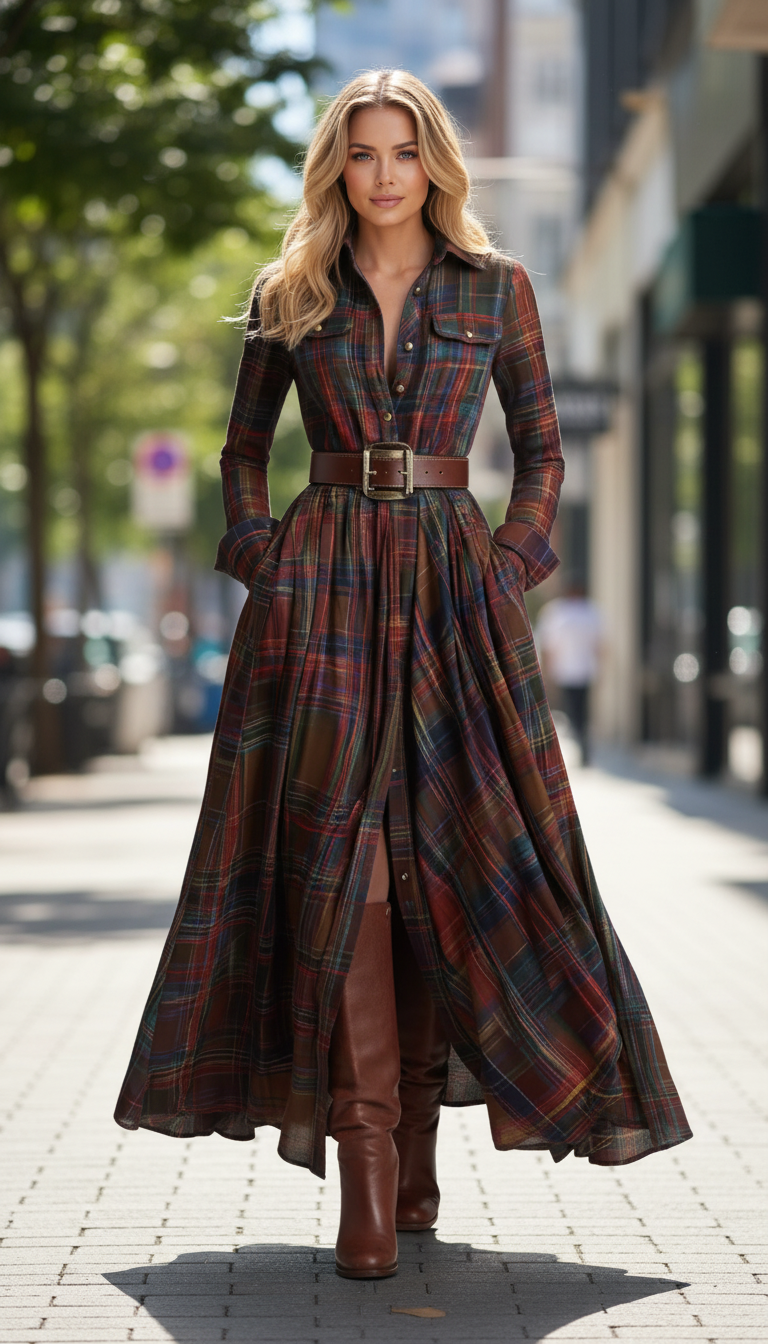 Retro Ethnic Style Lapel Reddish Brown Plaid Maxi Dress