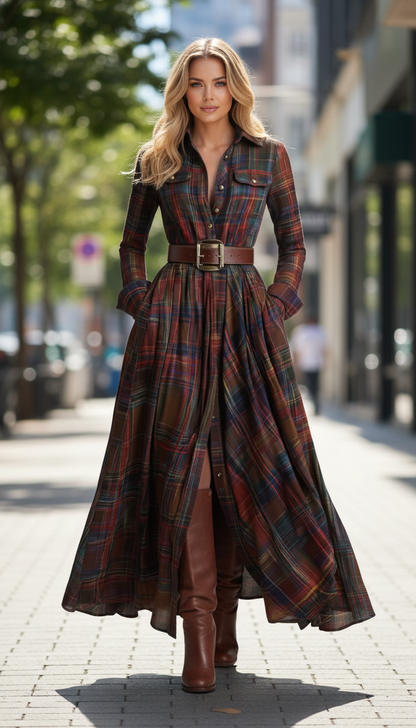 Retro Ethnic Style Lapel Reddish Brown Plaid Maxi Dress