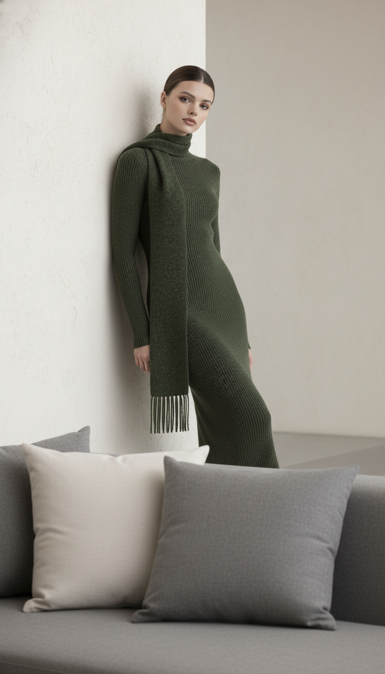 Vintage Knitted Midi Dress Y2K Autumn Slim with Scarf Long Sleeve Dress