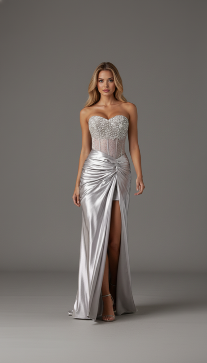 Luxurious Silver Beaded Corset Satin High-Slit Evening Gown