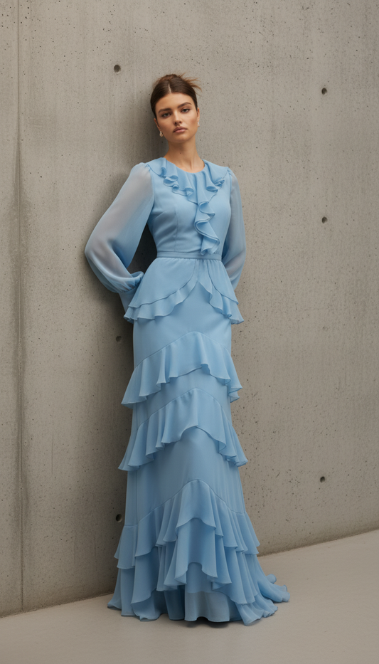 Woman Sexy O Neck Layered Ruffles Long Dresses