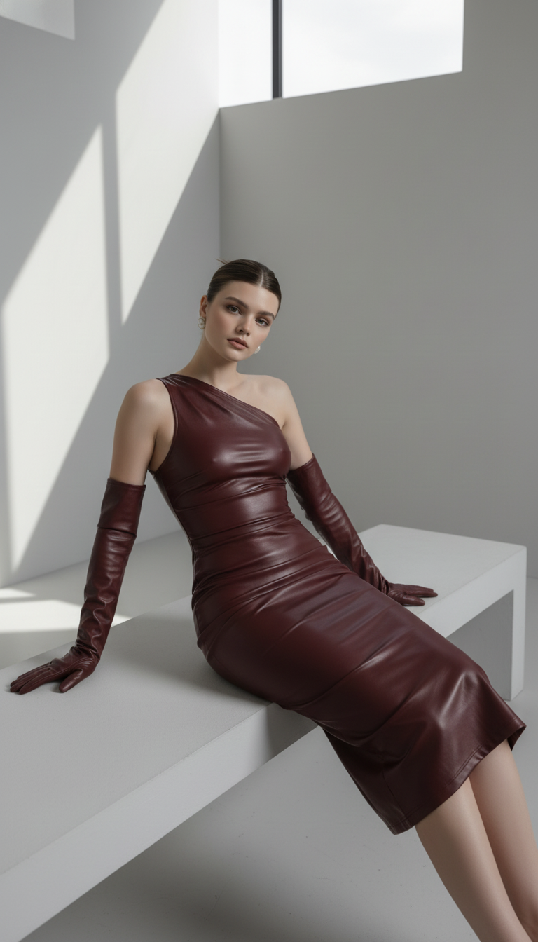 Maison Celie One-Shoulder Leather Evening Dress