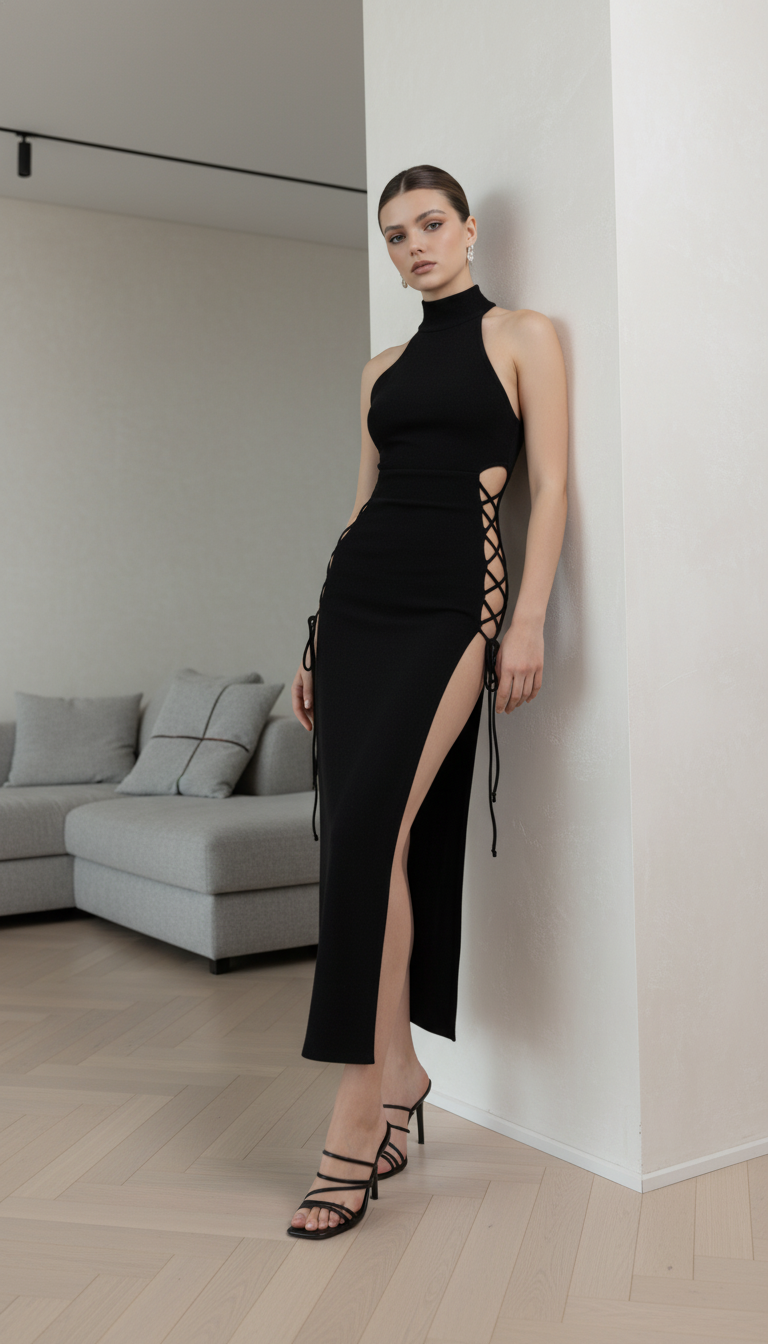 Slim Midi Dress Black Grunge Style Alt Partywear