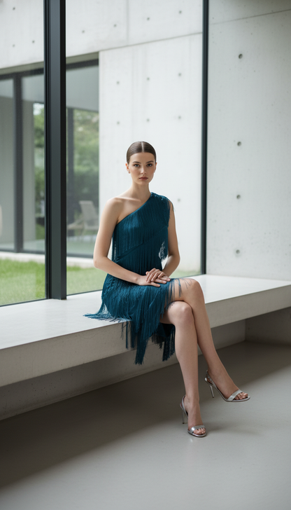 New Fashion Fringed Slanted Shoulder Asymmetrical Dress for Women