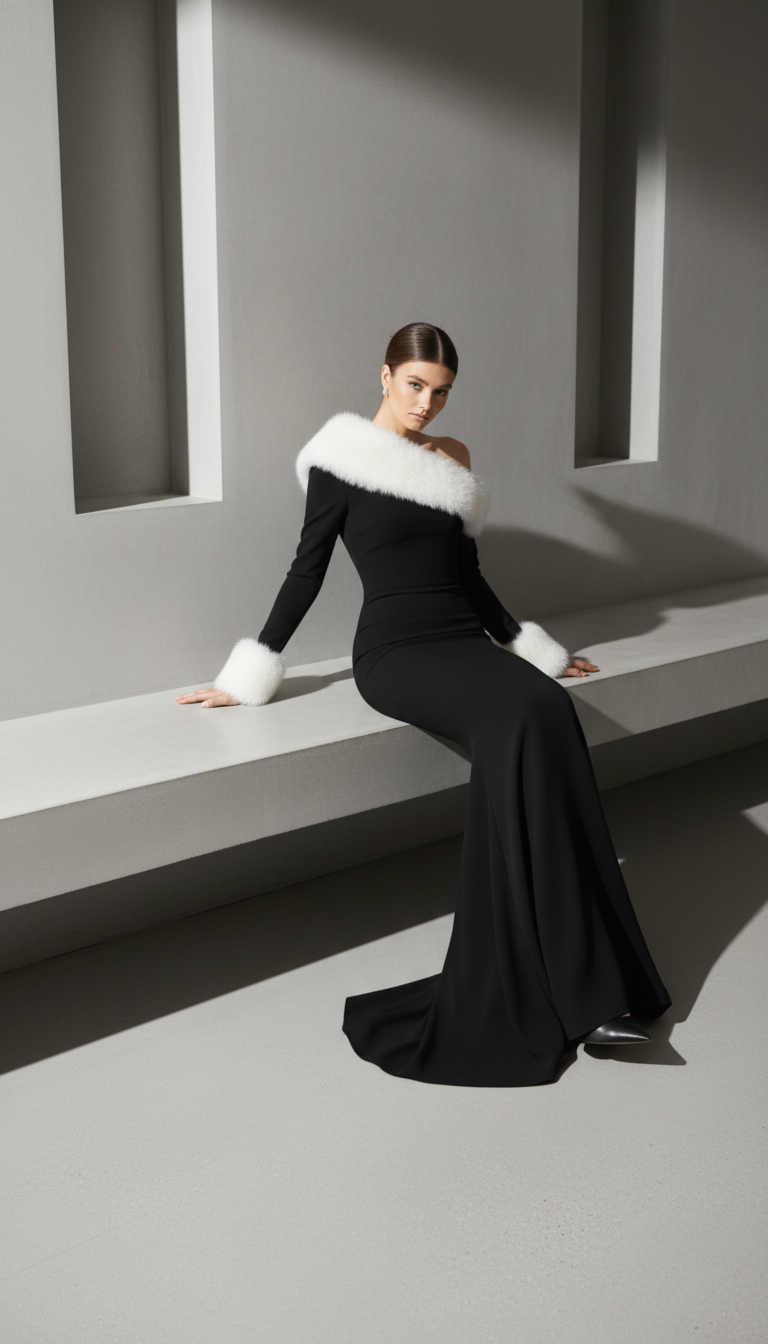 Sexy Women Faux Fur Long Sleeve Black Night Club Evening Party Dress 2025