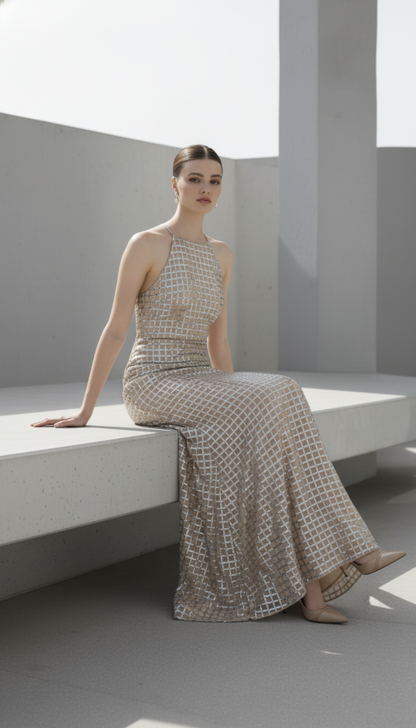 Maison Elegant Luxury Party Maxi Dress High Neck Sleeveless Slim