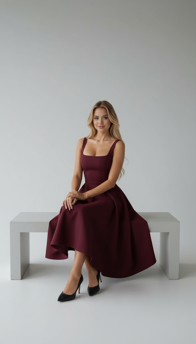 Melanie Square Neck A-Line Midi Dress – Burgundy