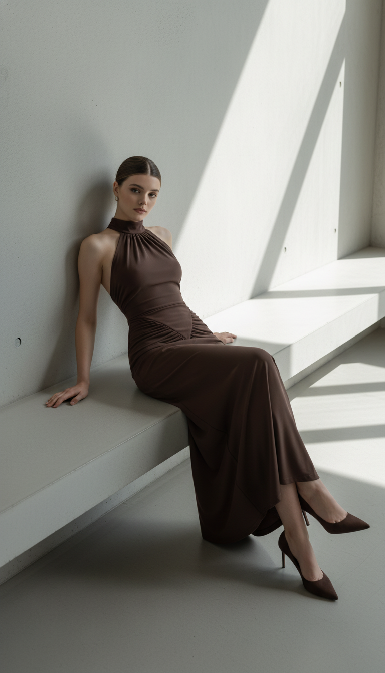 Maison Celie Halter Ruched Evening Gown 2025