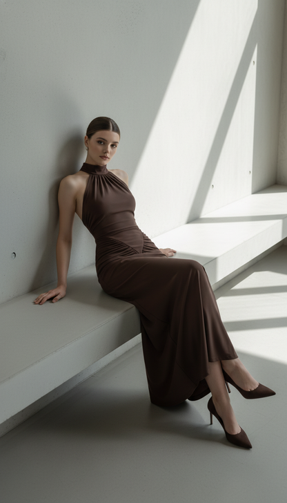 Maison Celie Halter Ruched Evening Gown 2025