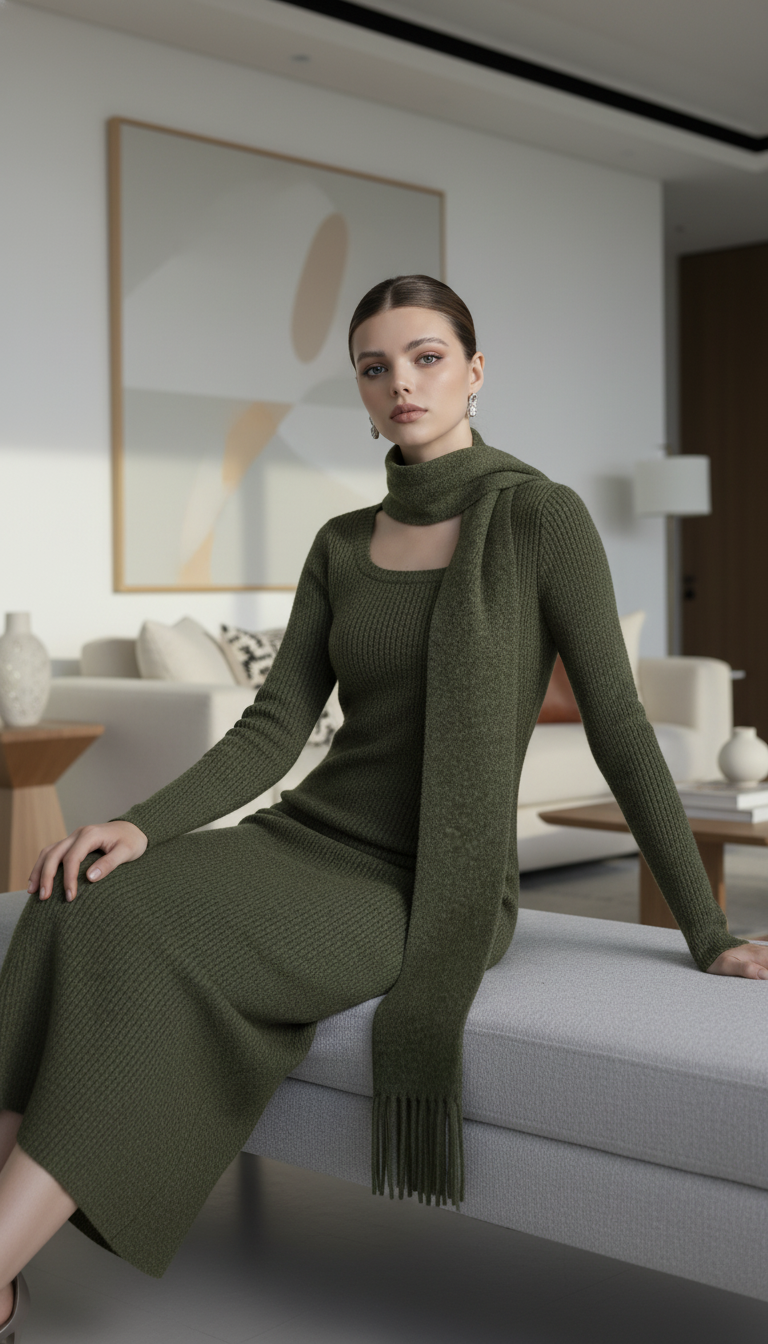 Vintage Knitted Midi Dress Y2K Autumn Slim with Scarf Long Sleeve Dress