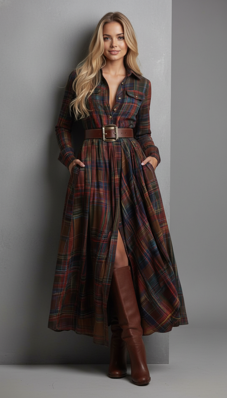 Retro Ethnic Style Lapel Reddish Brown Plaid Maxi Dress